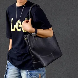 Casual high quality genuine leather men's black tote bag fashion designer luxury real cowhide shoulder bag shopping work handbag