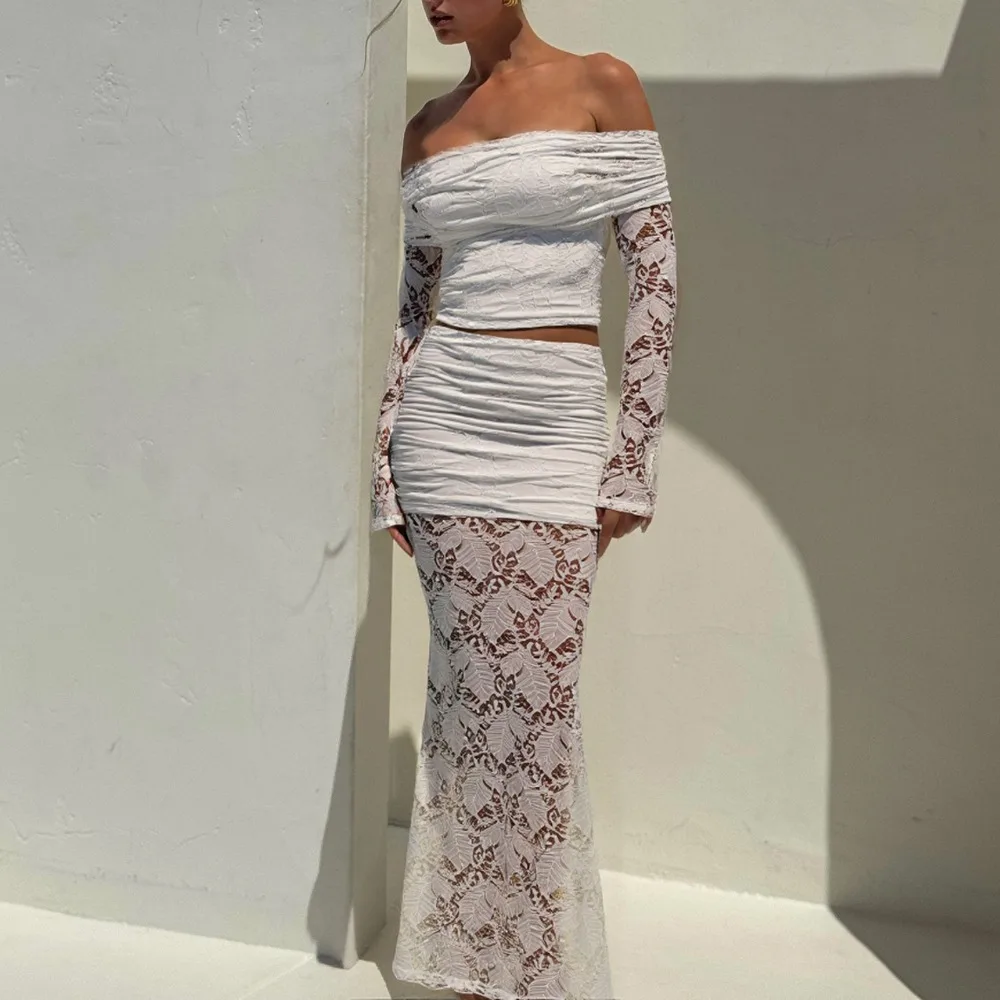 

Элегантные белые кружевные юбки, комплекты из двух предметов для женщин, праздники, вечерние наряды, сексуальные прозрачные топы с открытыми плечами, комплекты платьев