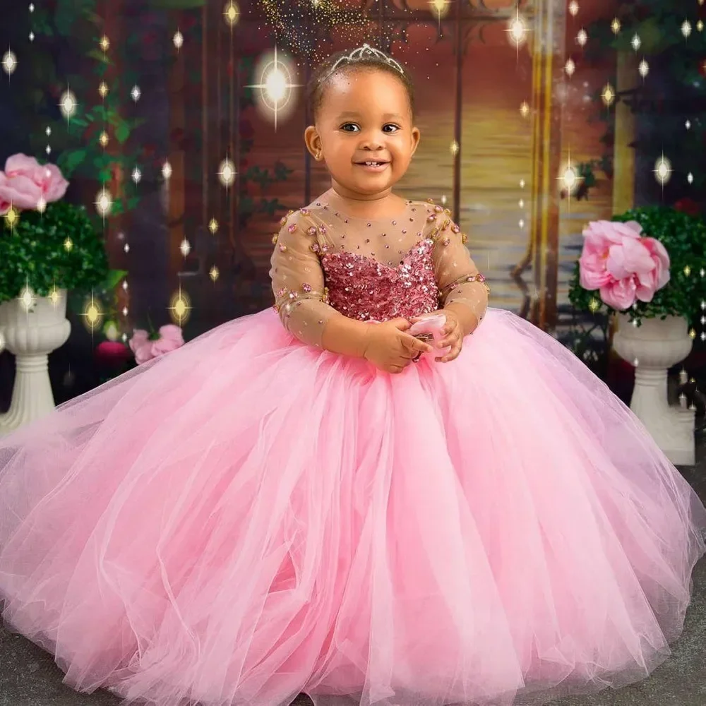 Pink Flower Girl Dress Luxurious Crystal Beads crepe Lace Up Princess Baby Girl Birthday Party First Communion Wedding Gown