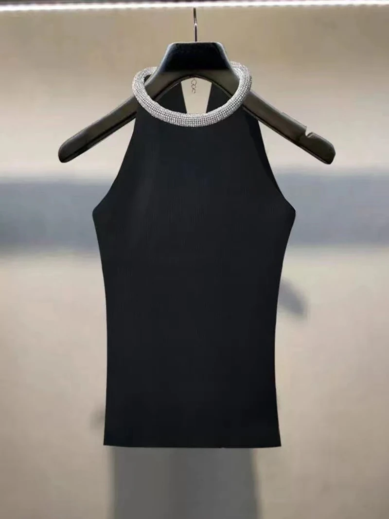 Women Tank Top 2024 Summer New Solid Color Diamond-studded Halter Vest Knitted Camisole Sleeveless Women Crop Top