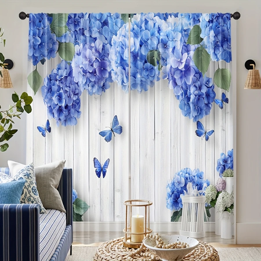 2PCS Digital Print  Curtain, Blue Hydrangea Flowers, Rustic Farmhouse Window Treatment Drape for Bedroom Kitchen Decor