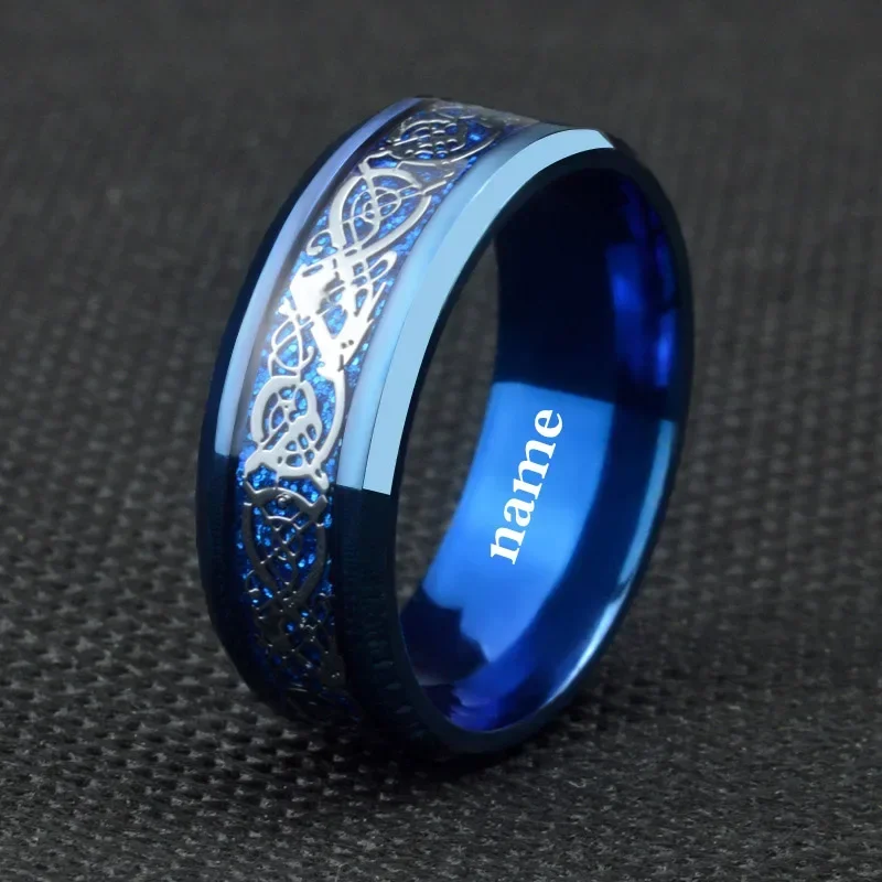 

2020 Stainless Steel Black Blue Dragon Rings for Men Women Wedding Band Custom Engrave Name Charm Male Gift