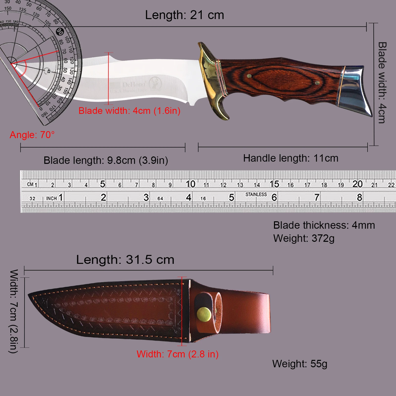 DEHONG USA 440 Steel Outdoor Knife + holster, Jungle camping hunting knife, Outdoor survival EDC knife