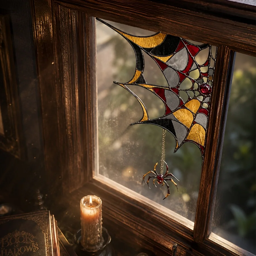 1pc Vintage Stained Glass Spider Web with Hanging Red Gem Spider Pattern, Halloween Static Cling Window Sticker, Window Tint
