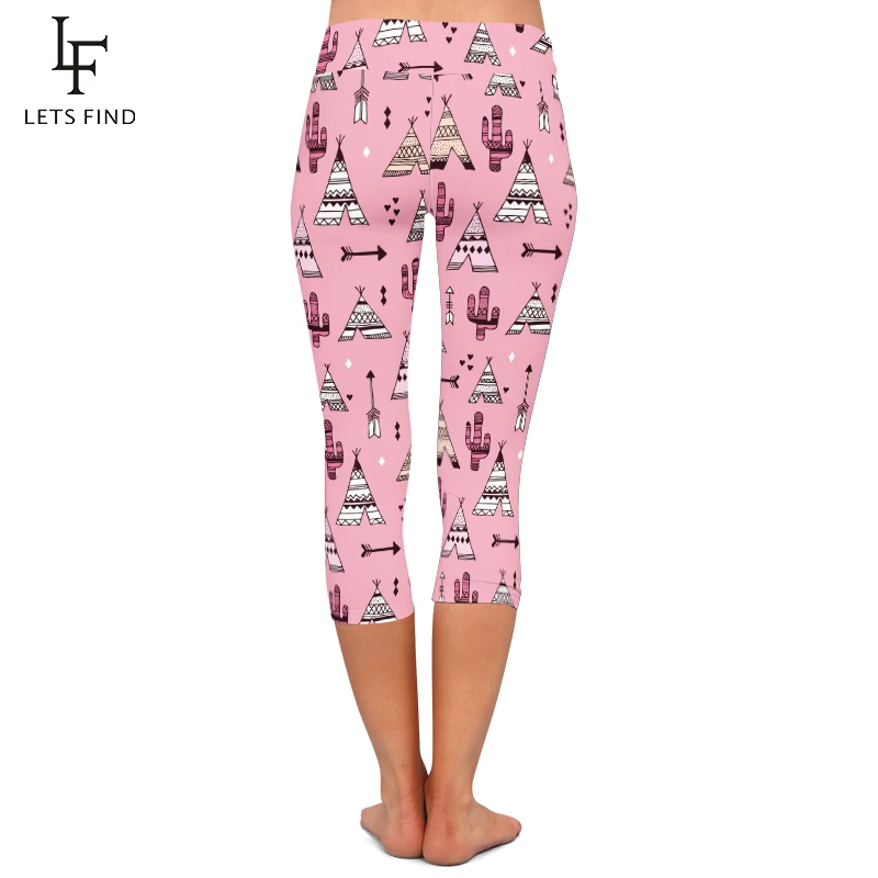 Letsfind verão moda rosa tenda teepee e cacto botânico impressão leggings femininas cintura alta elástico capri leggings