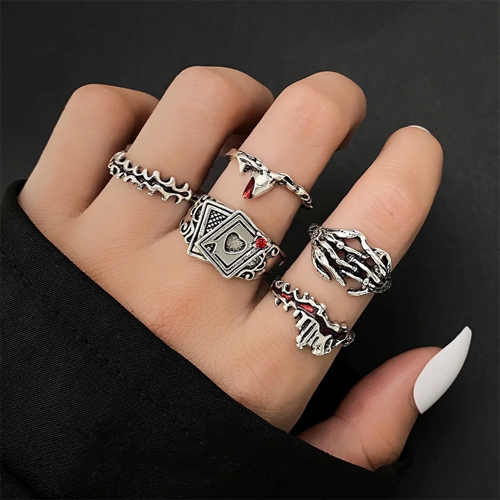 FNIO Punk Gothic Butterfly Snake Chain Ring Set per le donne dadi neri Vintage argento placcato Retro Charm Finger Jewelry