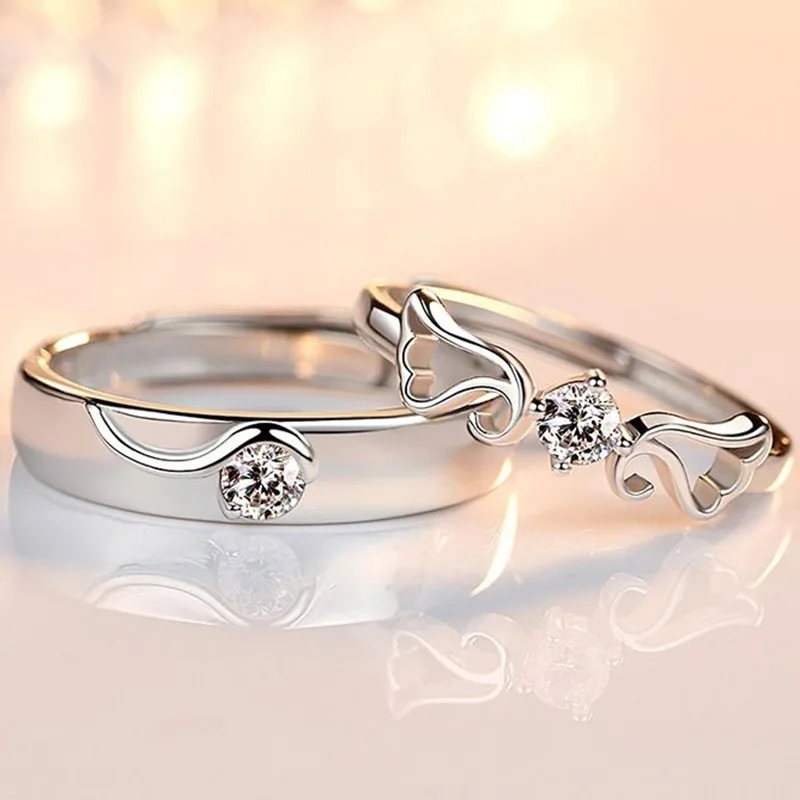 Fashion S925 Silver Wings Zircon Couple Ring Adjustable Valentine's Day Gift