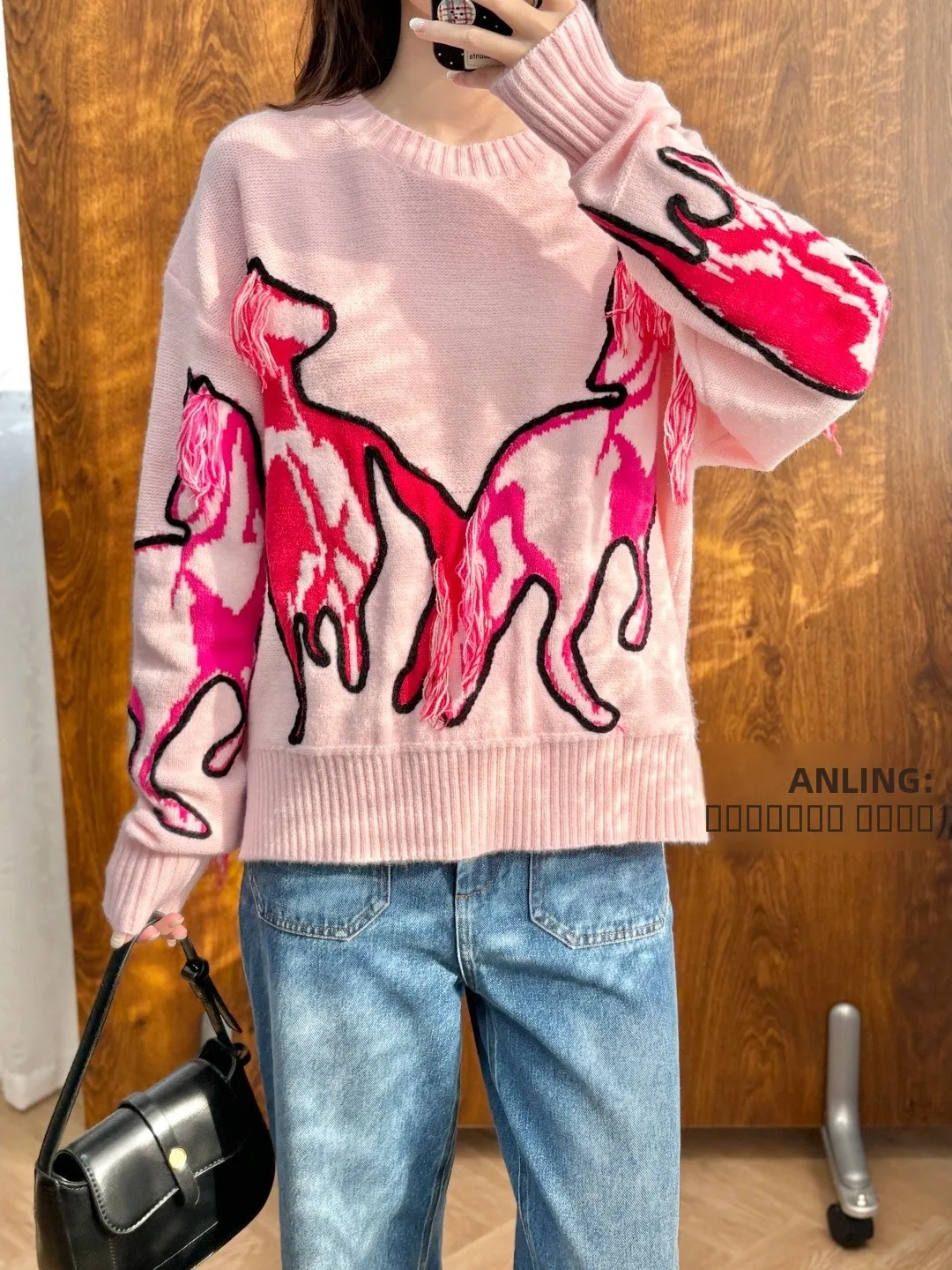 

Cute Fluffy Pink Tassel round Ne Woolen Knitted Sweater Women's Loose Fit Spring New Arrival Soft Long Sve Casual Top