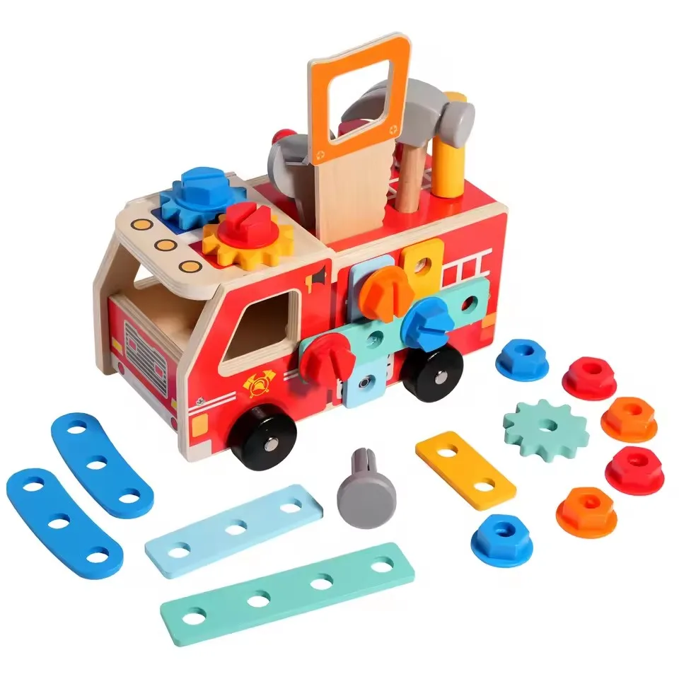 Wooden Montessori Fire Truck - Nut Screw Disassembly Assembly Tool Car, STEM Toy for Toddlers to Develop Hands-On Skills
