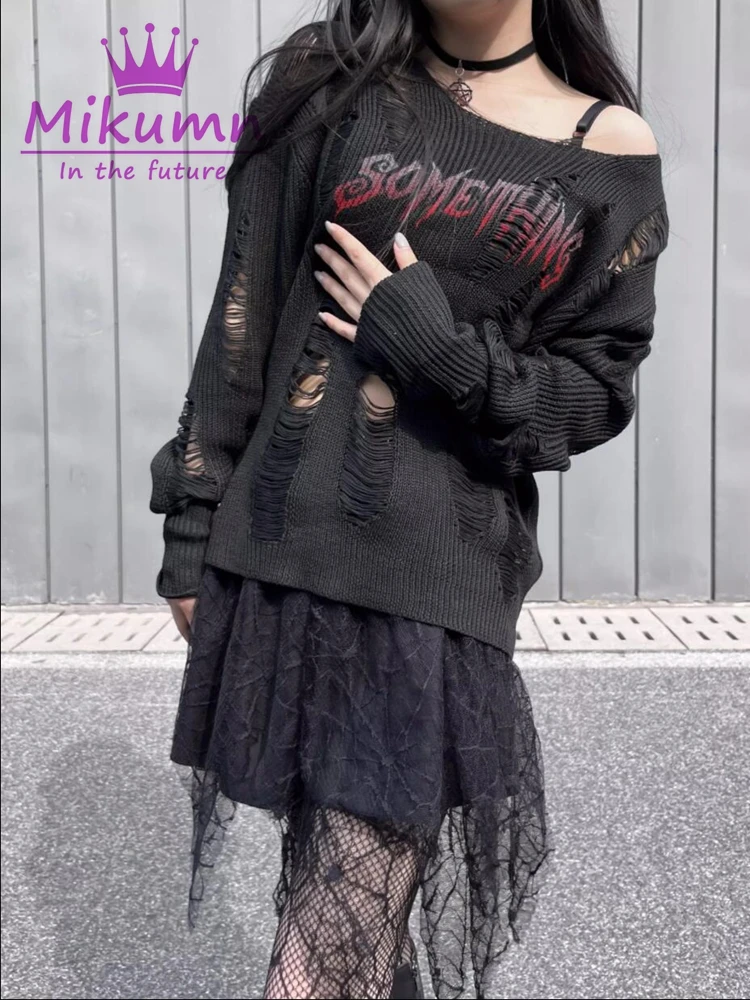 Y2K Grunge Knitted Sweater Women Gothic Punk Knitted Jumper Hole Hollow Out Letter Print Loose Pullover Emo Alt Knitwear