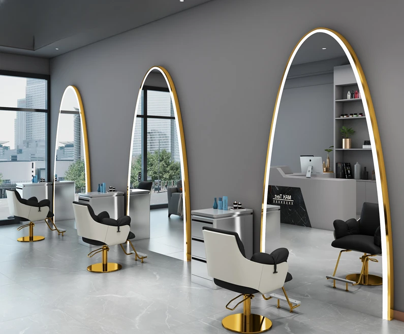 Hairdressing shop mirror table, barber net celebrity shop single and double integrated with lamp against the wall floor mirror