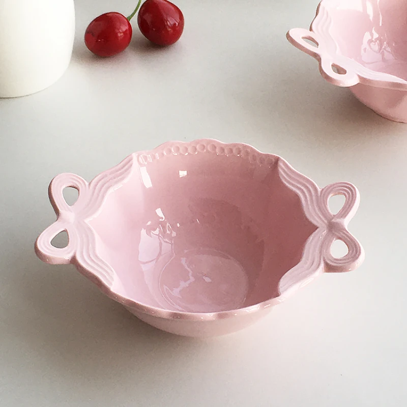 Embossed Pink  Bow Ceramic Bowl，mini 5inch Fruit Salad Bowl，Solid Color Kitchen Plate Tableware，Household Cake Dish Round Bowl