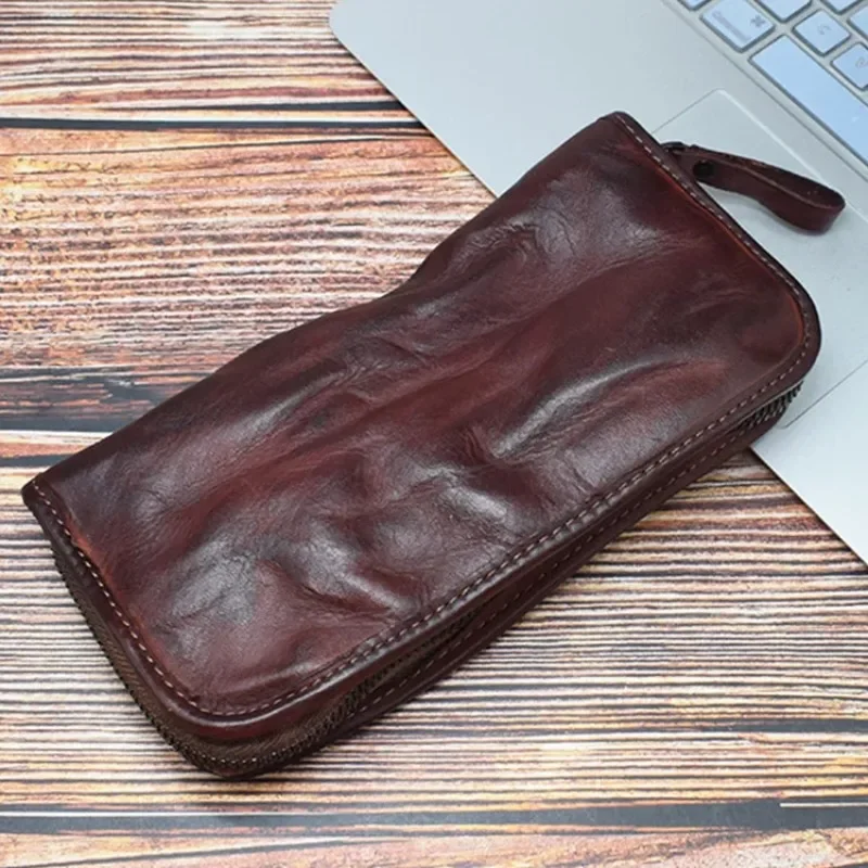 vegetable-tanned-leather-wallet-men's-grab-bag-cowhide-leather-wallet-multifunctional-retro-large-capacity-zero-wallet-clip
