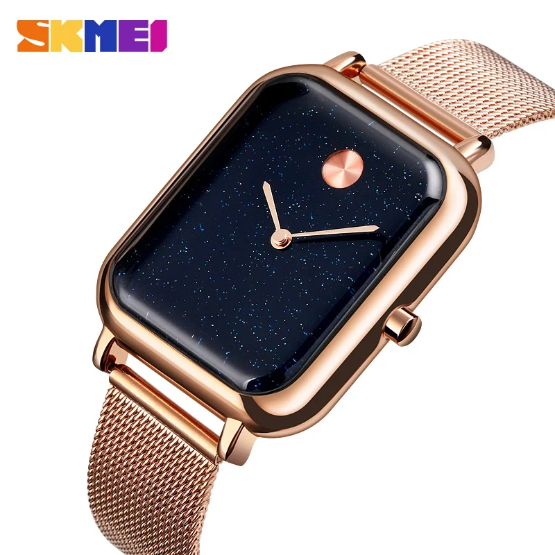 

SKMEI Brand Luxury Men's Quartz Watches Casual Stainless Steel Mesh Male Watch Waterproof Creative Starry Square Dial Wristwatch