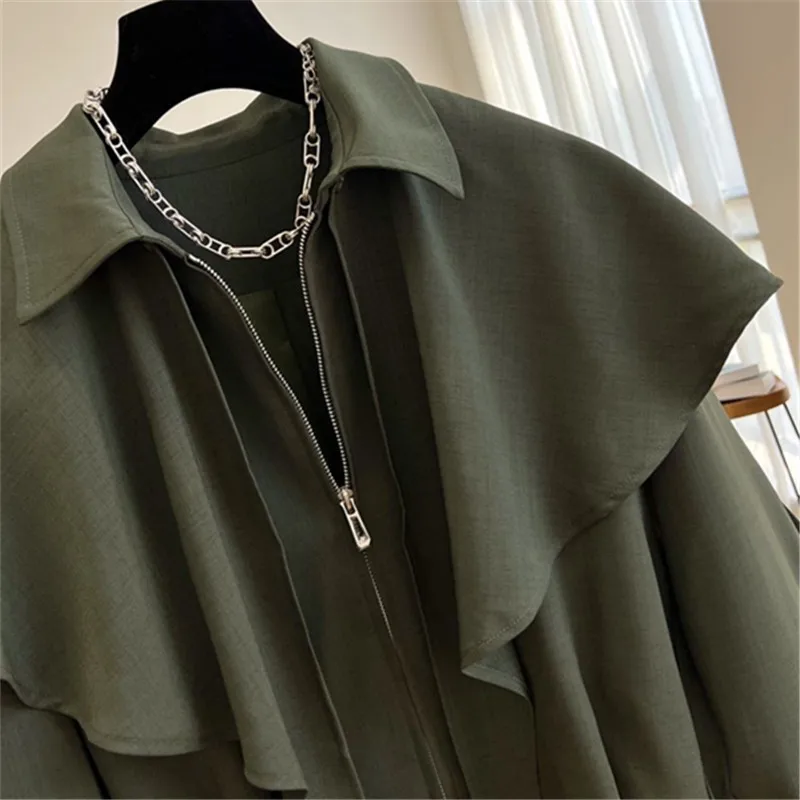 2025 ربيع الخريف جديد الإناث عباءة شال معطف قصير المرأة الكورية عادية فضفاض كم طويل سترة واقية أبلى بلوزات على الموضة W886
