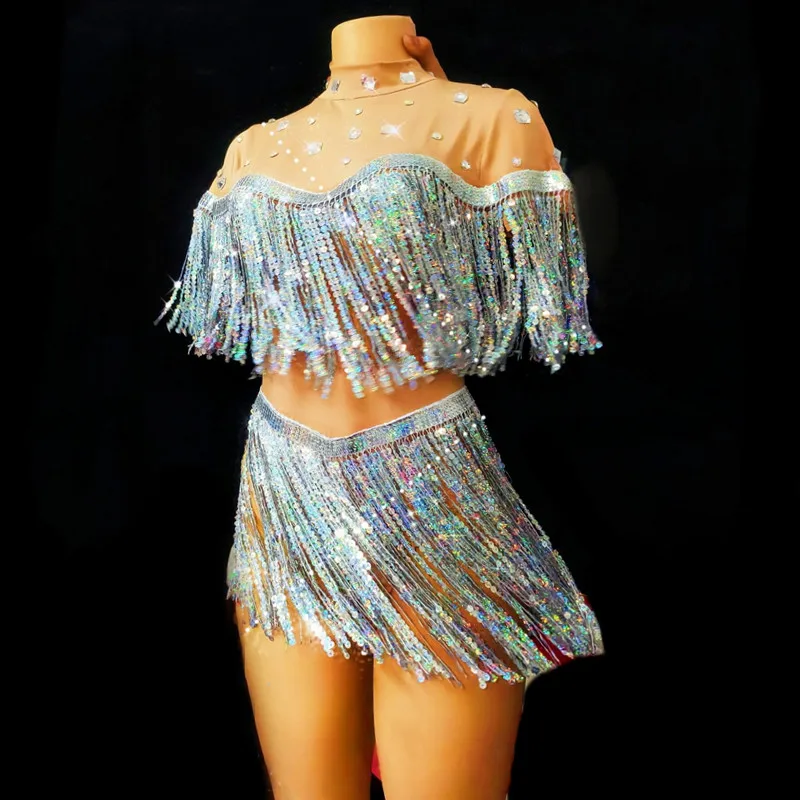 Sparkly Rhinestones Sequins Tassel Mesh Bodysuit for Women Nightclub DJ Pole Dancing Sexy Stage Wear Fringe Leotard Show Costume