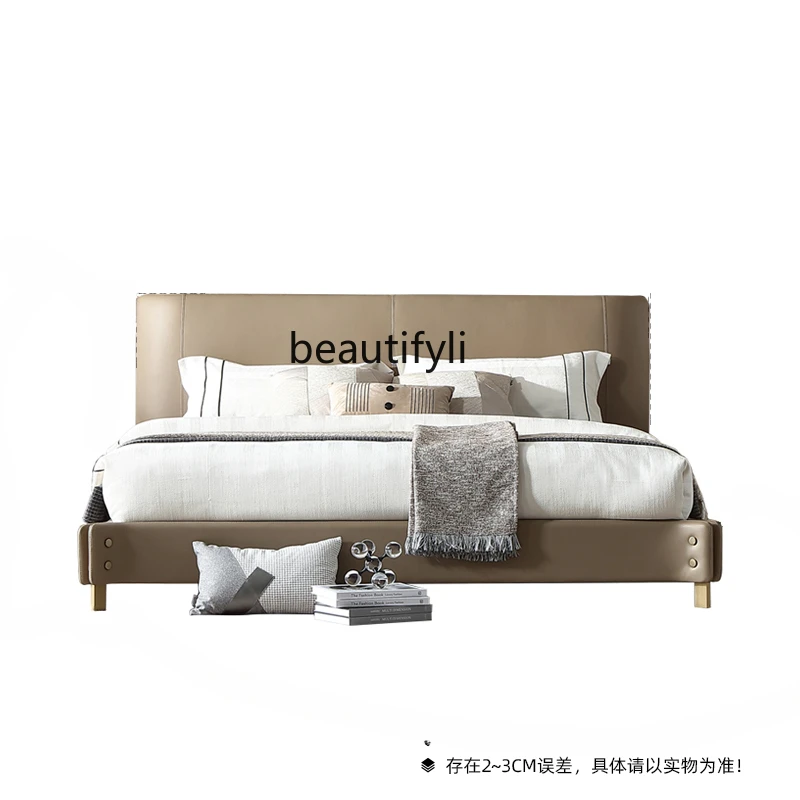 Italian Minimalist Leather Double Bed Modern Light Luxury Bedroom Soft Bag Solid Wood Marriage Bed Living Room Furniture