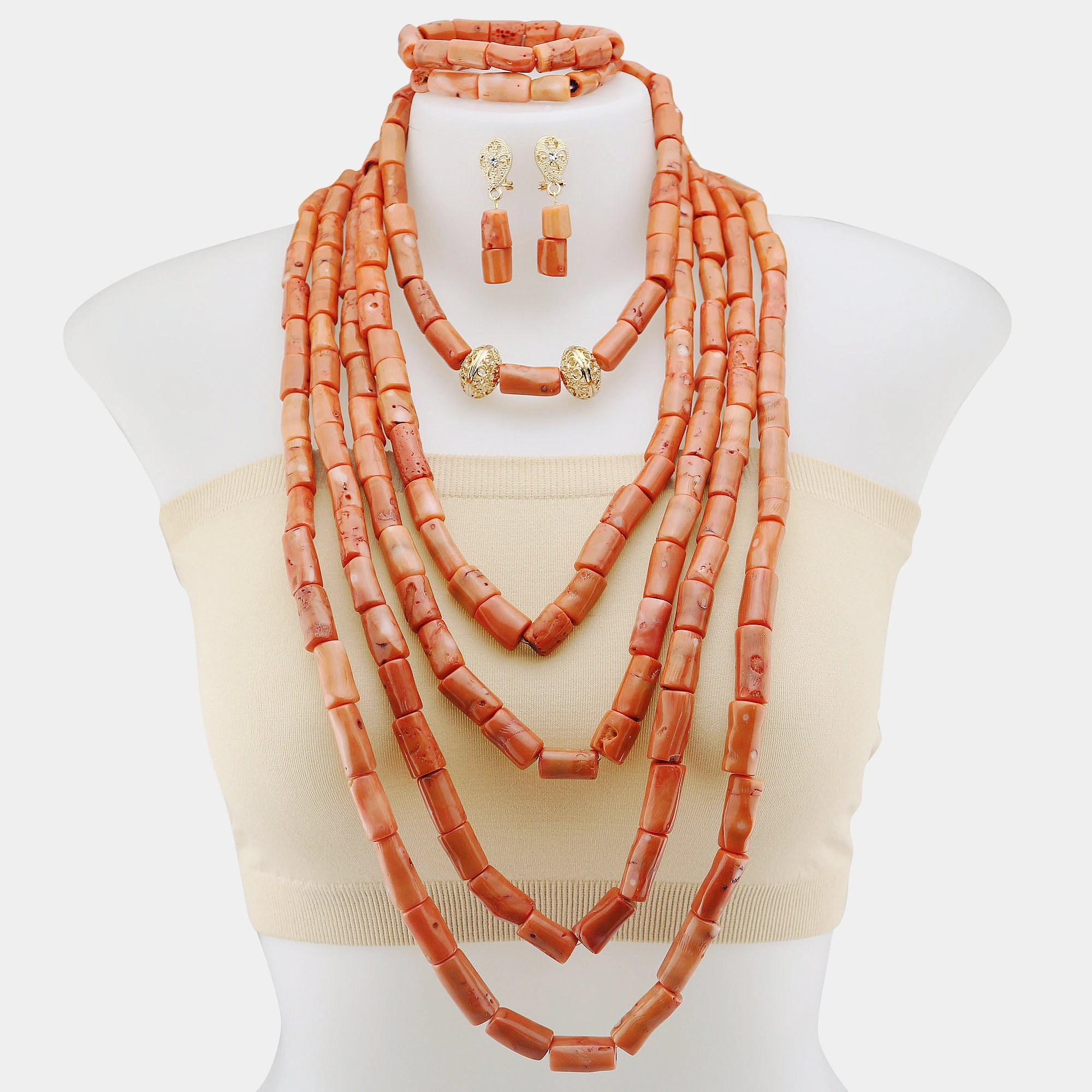 Latest Coral Jewelry Sets Customized Nigerian Indian Orange Necklace Sets of Beads African Bridal Jewelry Sets