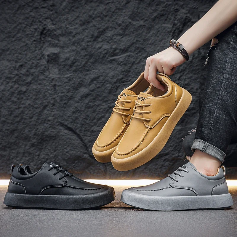 Hot Selling Heren Business Casual Schoenen Ronde Neus Jeugd Sneakers Effen Kleur Eenvoudige Platte Schoenen Super Fiber Gezicht Gevulkaniseerde Schoenen