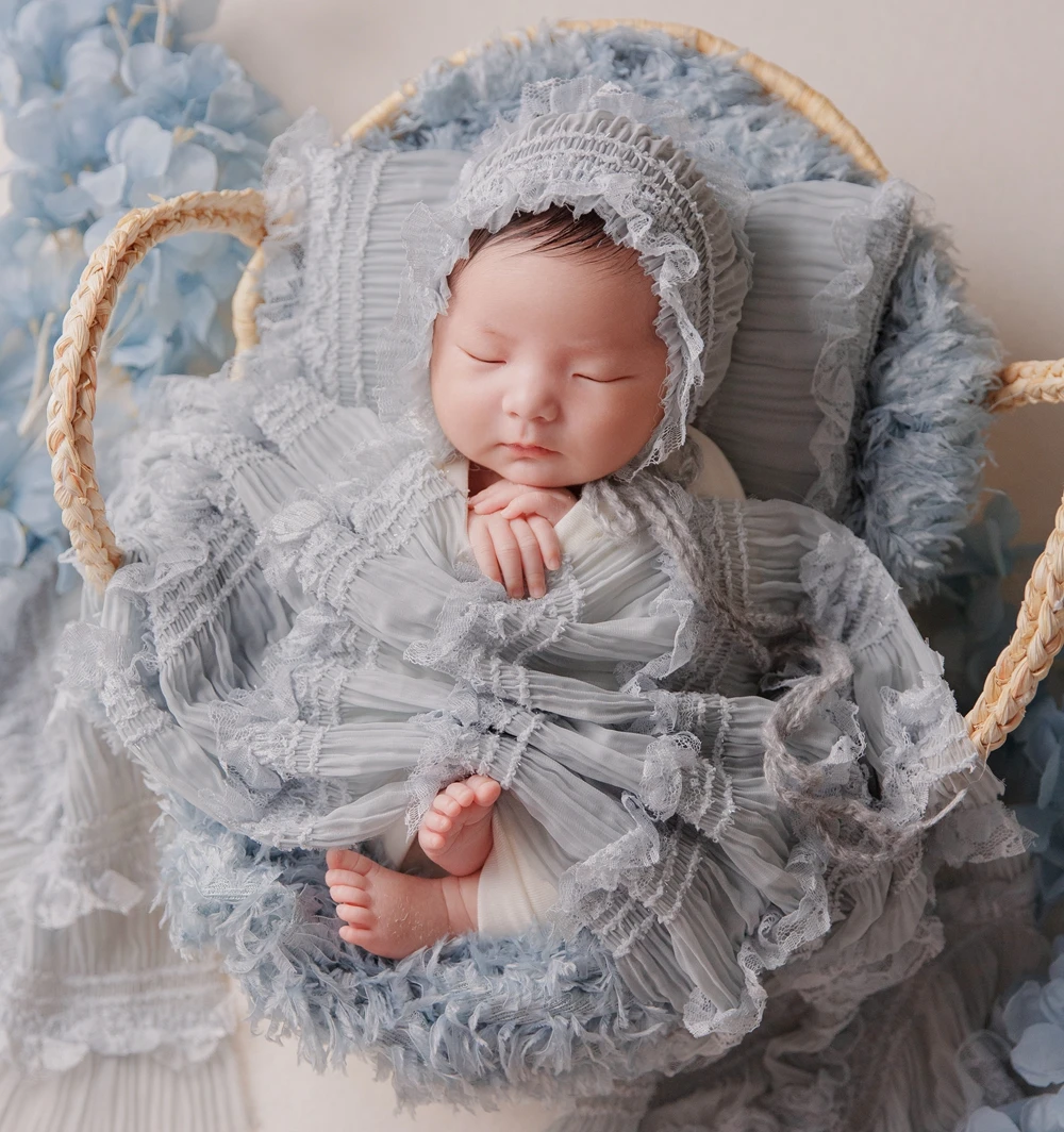 Blue Baby Blanket Newborn Photography Props Fluffy Layering Lace Newborn Hat Ruffle Wrap Stuffed Pillow Baby Photo Accessories