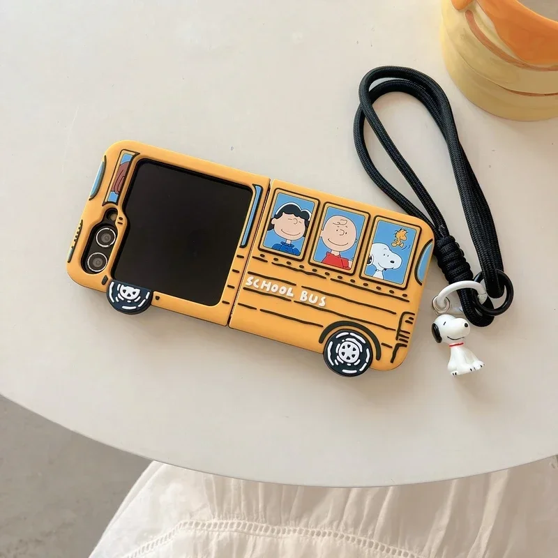 3D Cute Cartoon Peanuts Snoopy Charlie Brown Phone Case For Samsung Galaxy Z Flip 6 5 5G 4 3 Soft Silicone Cover With Lanyard