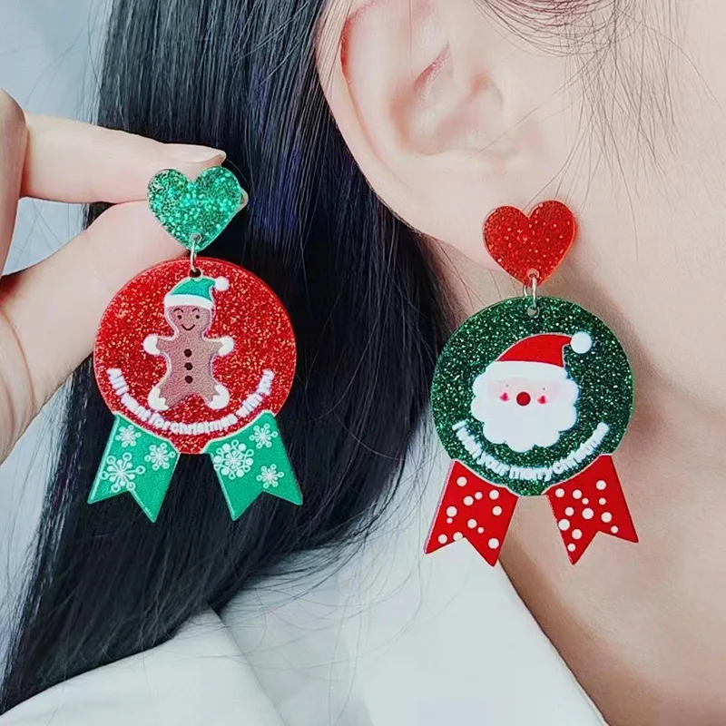 New Round Medal Christmas Earrings Christmas Tree Santa Claus Snowman Biscuit Gingerbread Man Snowman Christmas Hat Earrings