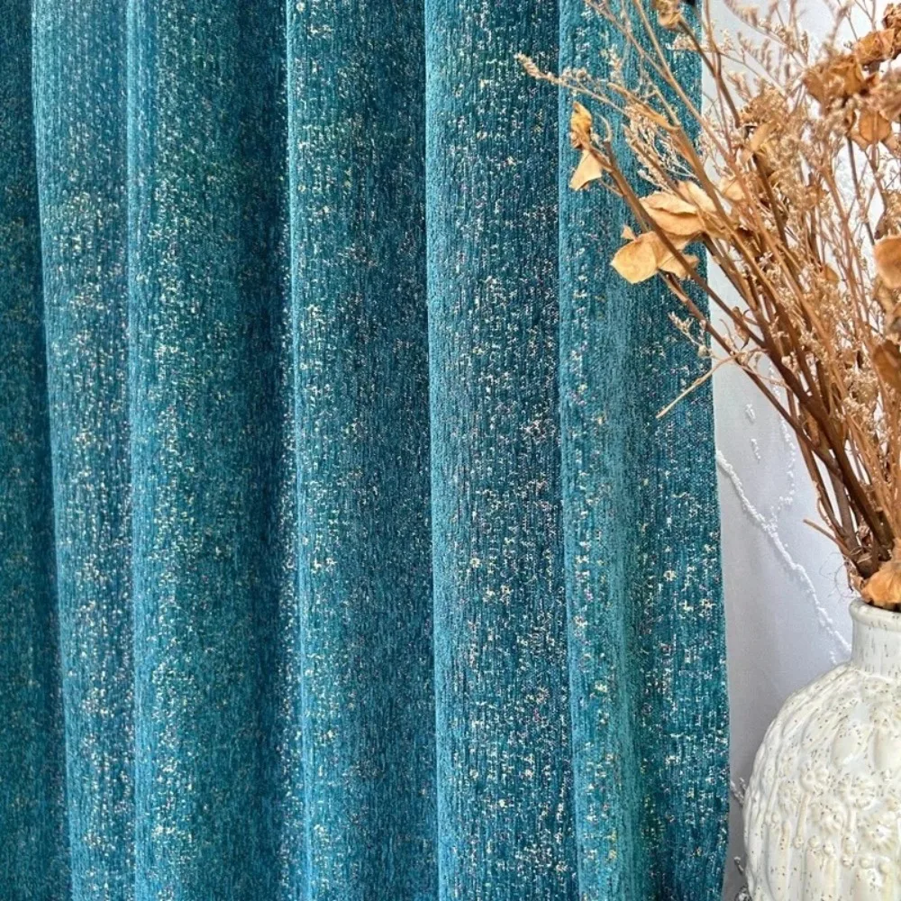 Blue Chenille Jacquard Blackout Curtains for Living Dining Room Bedroom French Window Balcony Thermal Insulated Privacy Drapes