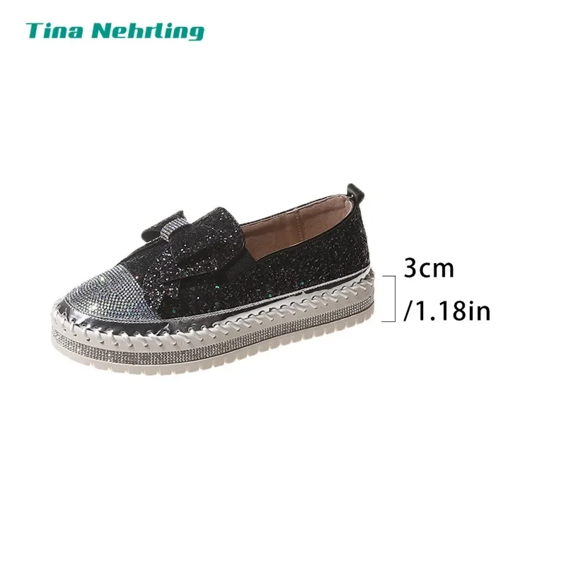 Nieuwe Vrouwen Shining Rhinestone Loafers Strik Slip-on Dikke Botton Casual Dames Mode Schoenen Vrouwelijke Platform Sneakers Sport