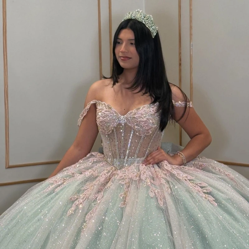 Aqua Blue Shiny Princess con spalle scoperte Abito dolce 16 Abiti Quinceanera Applique Perline di pizzo Corsetto in tulle Gilet per feste di compleanno