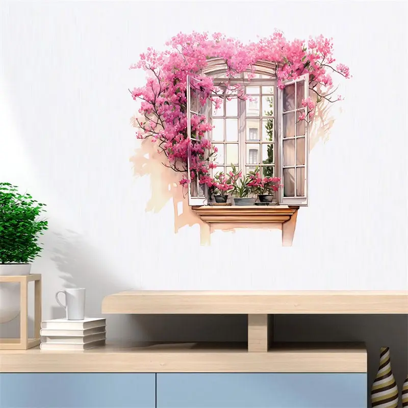 M724 Pink Flower Window Funny  Wall Sticker Kids Room Background Home Decoration Mural Living Room Wallpaper Decal