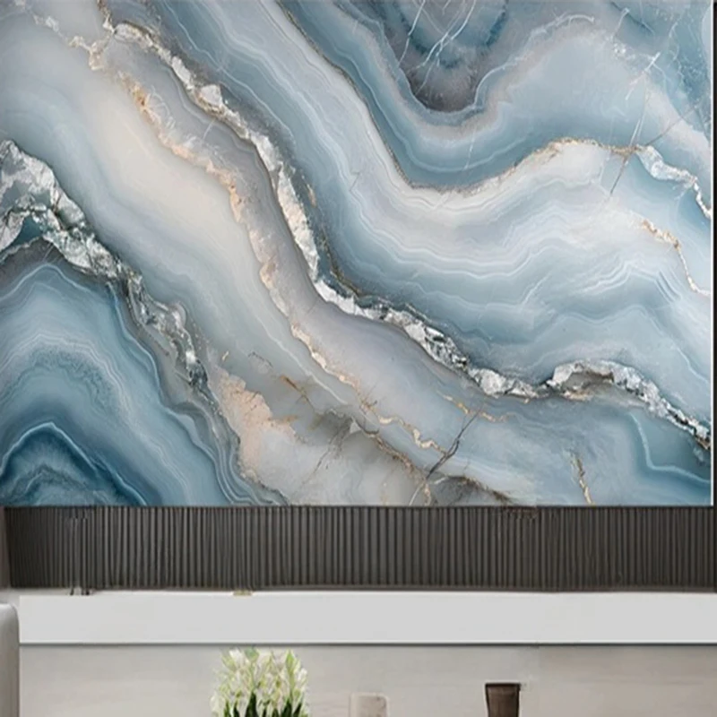 Custom Wall Murals & Wallpaper Designs - Modern Blue Abstract Marble Textured Surface 3D Geometric Patterns for Interior Decor