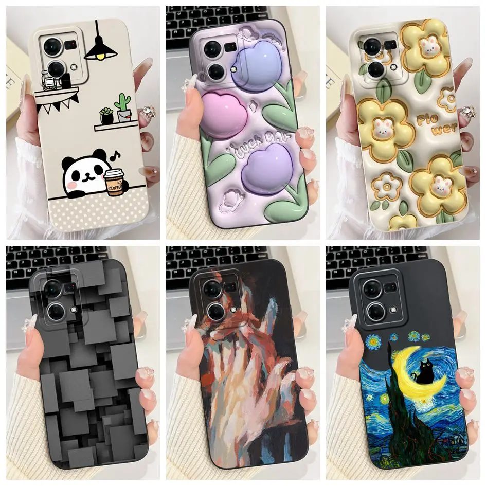 For Oppo Reno8 4G Case CPH2457 Cover Popular Flower Soft Square Silicone TPU Phone Case For OPPO Reno 7 4G CPH2363 F21 Pro Coque