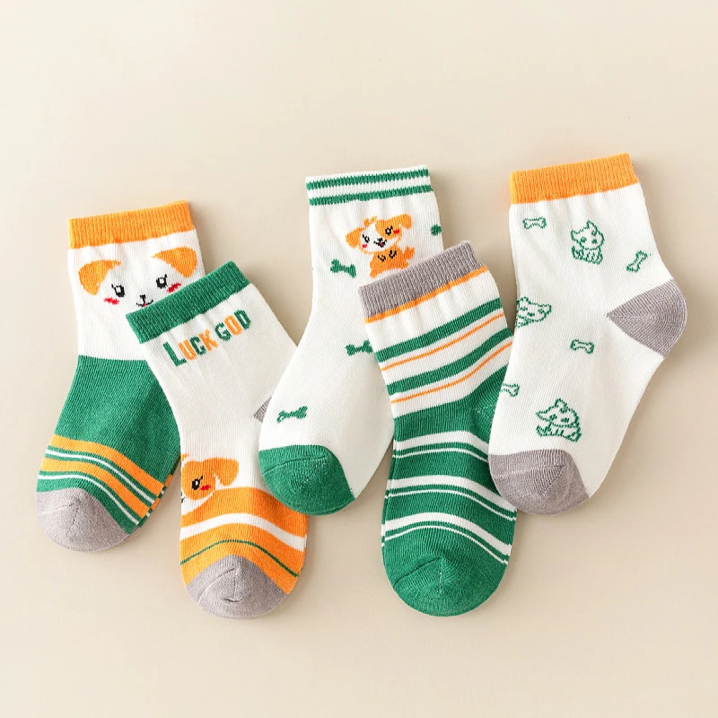 5Pairs Autumn Children Middle Tube Sock Cute Cartoon Kids Sports Cotton Socks Sweat Absorption Breathable Baby Footwear 1-13Year