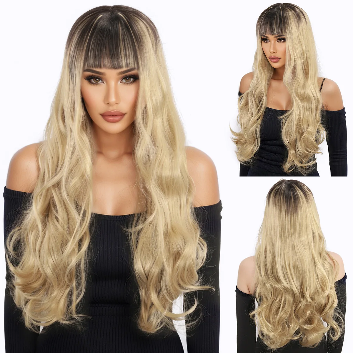 

Fashion wig Big wave long bangs long curly hair Golden brown women's wig simulation atmosphere chemical fiber wig