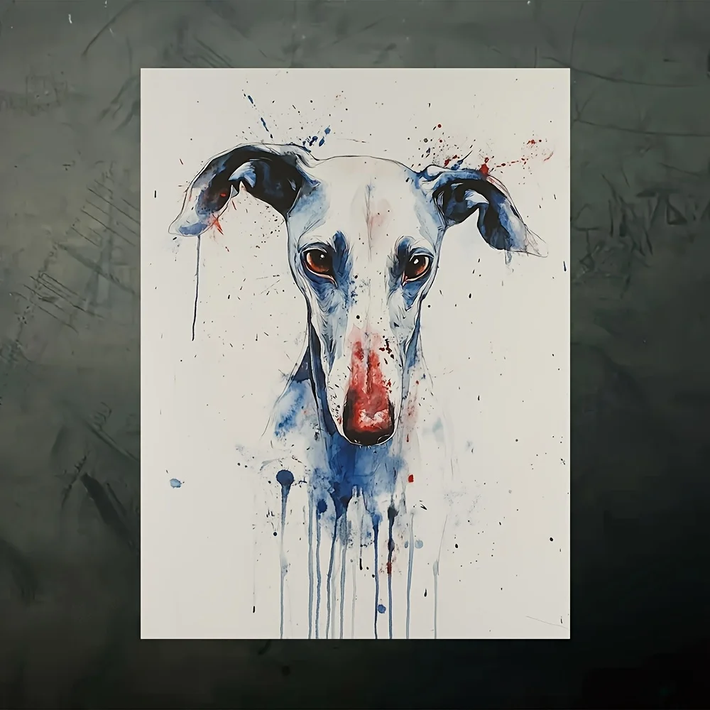 12x16 Inch Blue Greyhound Watercolor Canvas Print - Modern Frameless Wall Art with Red Nose & White Spots, Vibrant Abstract B