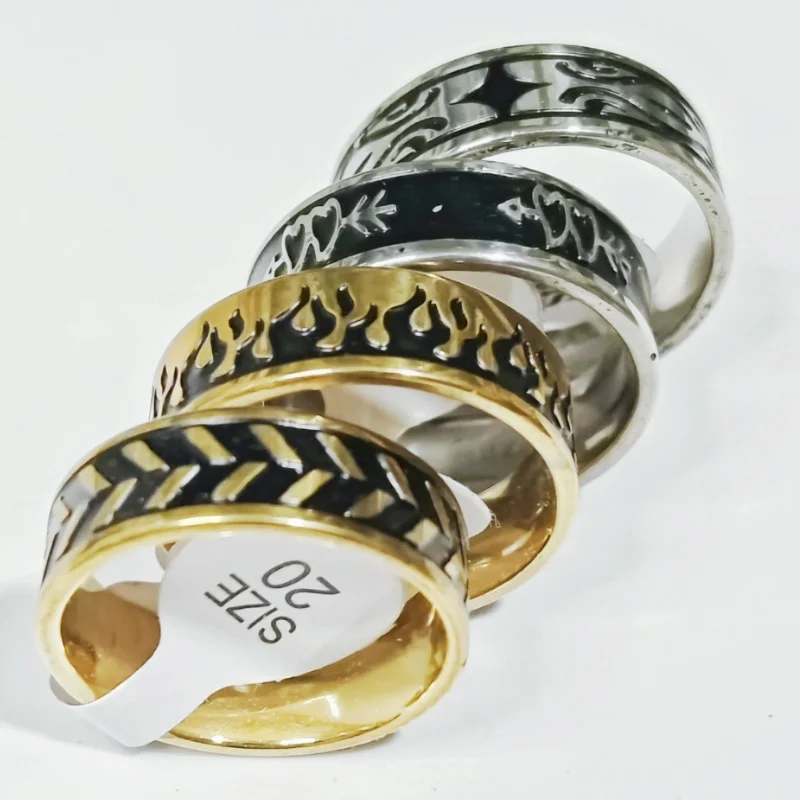 

Wholesale 36 pcs 8mm inner arc corrosion Two tone mixed pattern style Stainless steel Rings