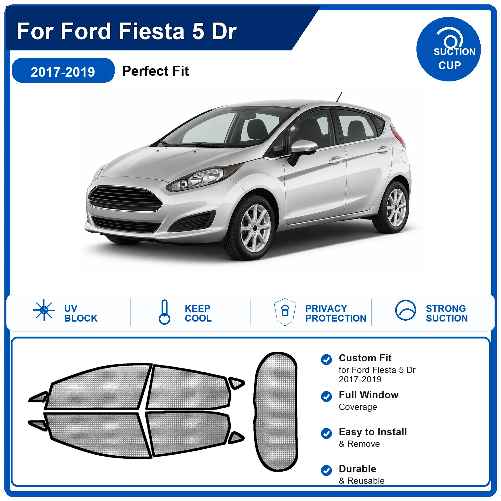 For Ford Fiesta 5 Dr 2017-2019 Custom Full Set Windshield Sun Shade Aluminum Foil Heat Insulation Anti UV Foldable
