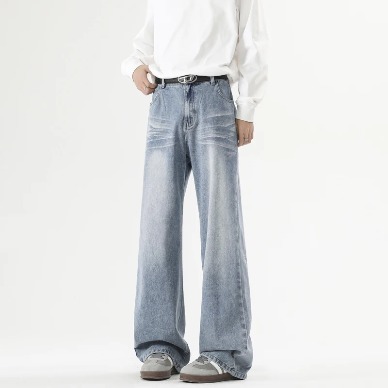 

Мужские джинсы в стиле ретро, американские, уличные, светло-голубые, повседневные, свободного прямого кроя, длиной в пол, из комфортной хлопковой ткани