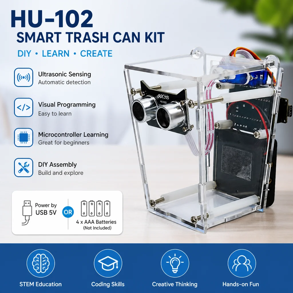 Smart Trash Can DIY Assembly Kit With Acrylic Case NANO Mainboard Dual Power Supply Ultrasonic Sensor For Student STEM Project