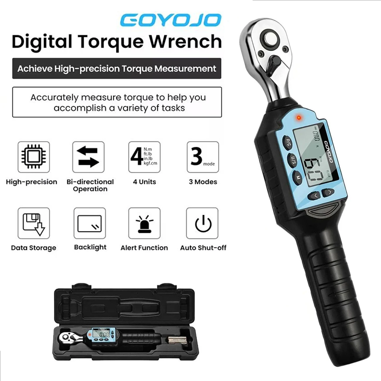 

GOYOJO Digital Torque Wrench 2% Accuracy Preset Values with Buzzer, LED Flash Professional Bike Car Repair Adjustable Hand Tool