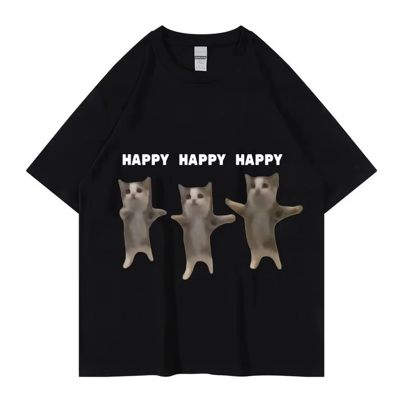 Funny Cute Cat Meme Graphic TShirt Happy Dance Cat Print Short Sleeve T-shirt Men Women Casual Fashion Cotton Oversized T Shitrs