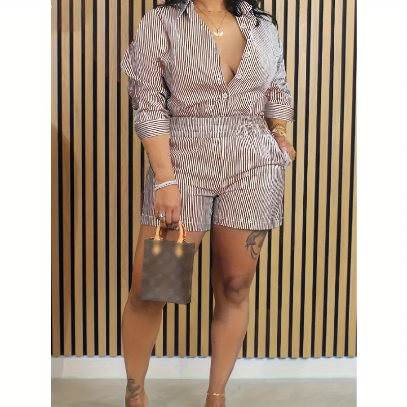 

Casual Striped Patchwork Lapel Long-sleeved Two-piece Suit