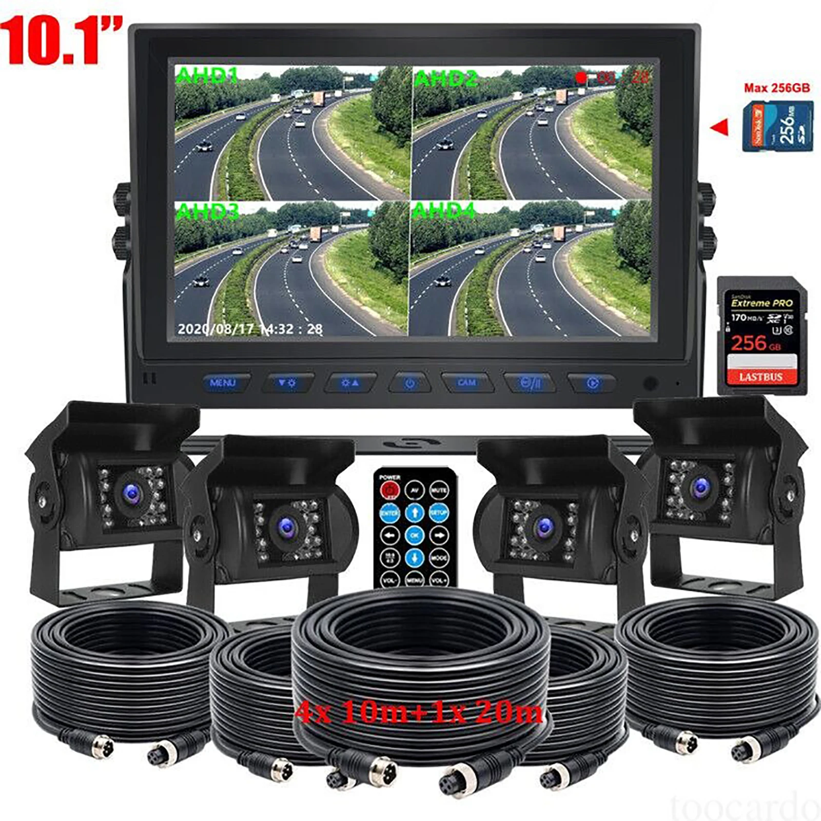 

Lastbus 10.1" Quad Monitor DVR 256GB Loop Recording With 4x 4 PIN AHD 1080P Rear View Camera For Truck Bus Van Trailer Motorhome