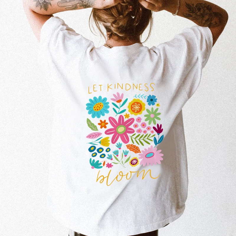 Summer Women Oversized T-shirt Let Kindness Bloom Print Floral Crew Neck T-Shirts Girls Wildflowers Cartoon Oversiz Size T-shirt