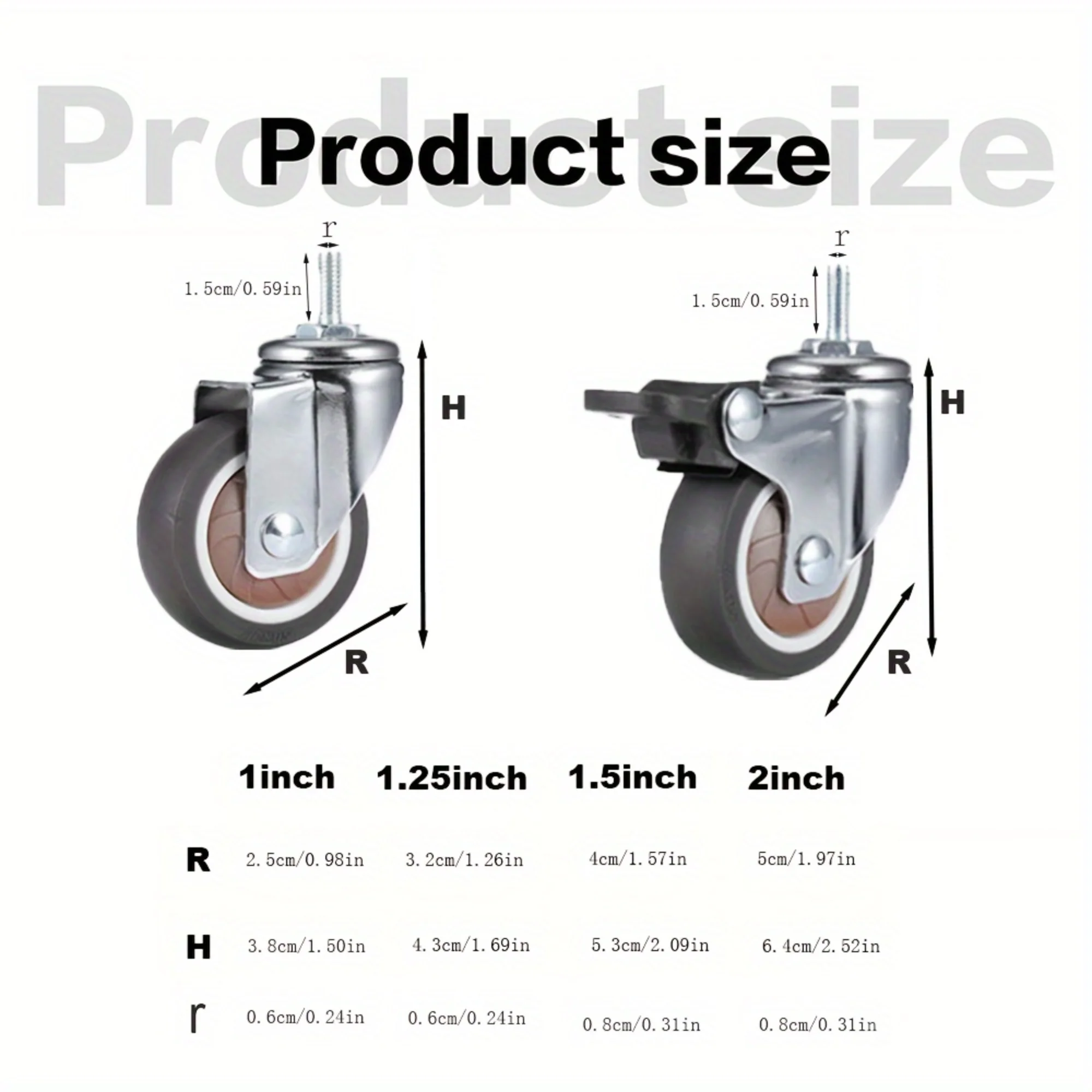 4 Pcs 1 Inch Stem Caster Wheels TPR Screw Lever Universal Castors Swivel Stem Wheels with M6 Thread Rods for Carts Furniture