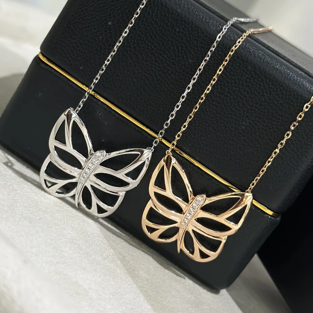 S925 Sterling Silver Hollowed Out Large Butterfly Necklace Light Luxury Style Zircon Embellishment Collarbone Chain