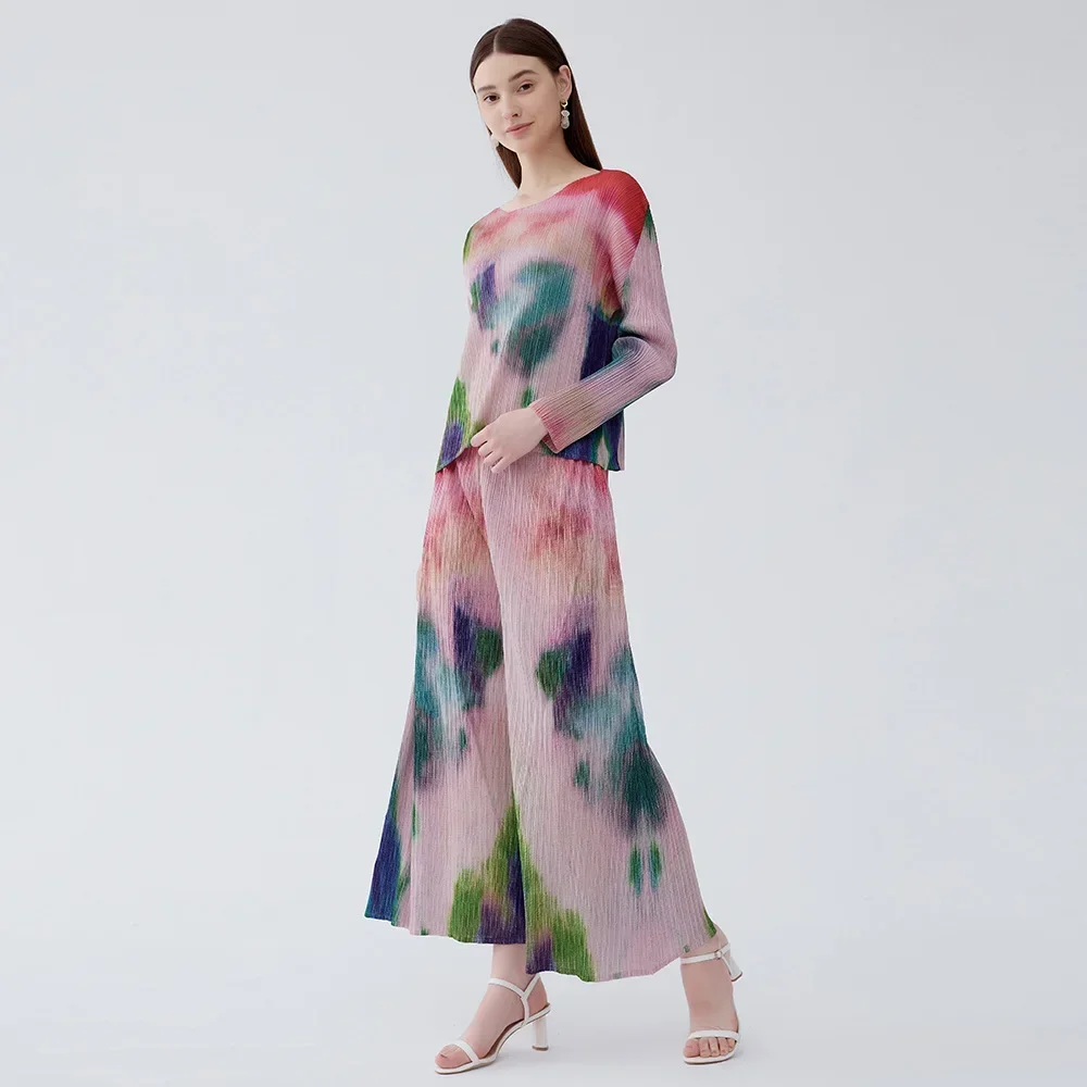 ALSEY Miyake Long-sleeved Pleated Round Neck Slim Oil Painting Top Set Women Loose Wide-leg Pants Two-piece Set 2024 Summer New