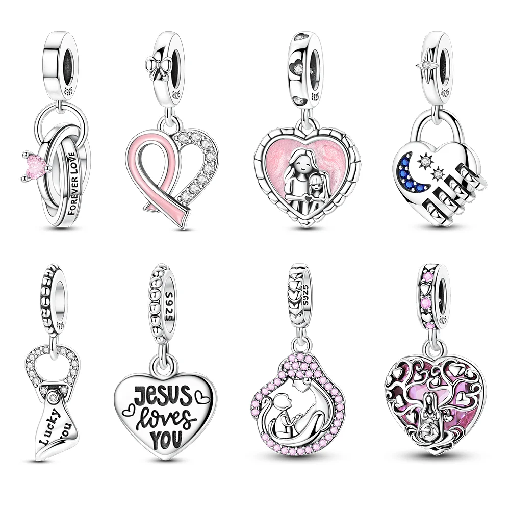 

Original Silver Heart-shaped Charms Pink Ribbon Love Beads Pink Zircon Wedding Ring Pendant Fit 925 Bracelets DIY Jewelry Gifts