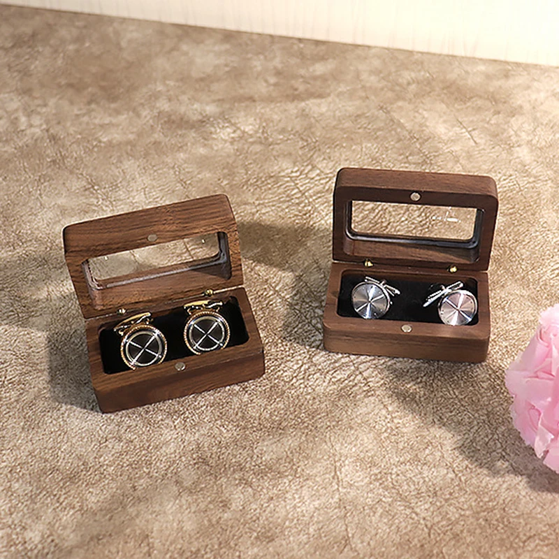 Solid Wood Black Walnut Window Exquisite Cufflink Box Sleeve Nails French Cufflink Collar Clip Box Package Gift Box