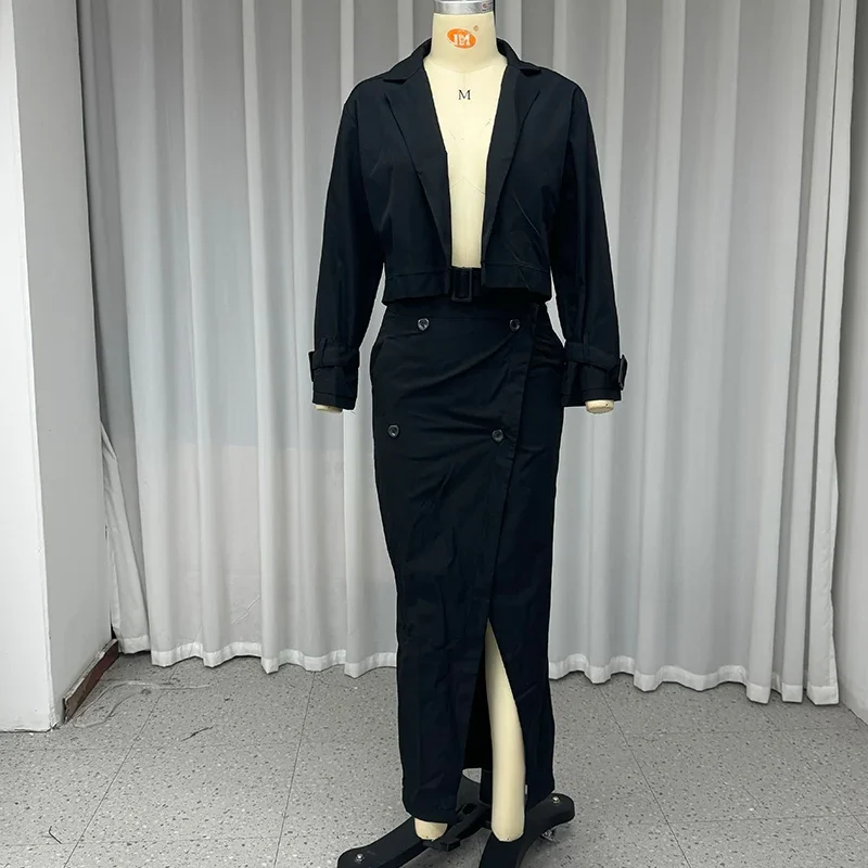 Long sleeved collar solid color top A-line slim fit irregular slit with button down long skirt set